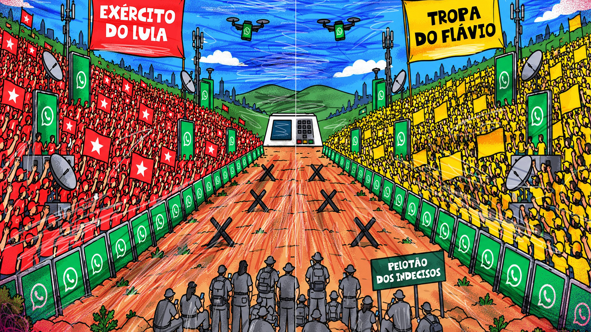 LULA DE UM LADO, FLÁVIO DO OUTRO: CHARGE RETRATA A POLARIZAÇÃO POLÍTICA NO BRASIL.